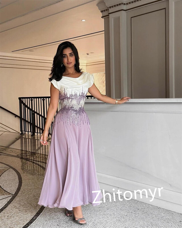 Gaun pesta malam sifon terbungkus Pleat berpayet Homecoming A-line leher O gaun acara Bespoke gaun Midi Gaun Arab Saudi