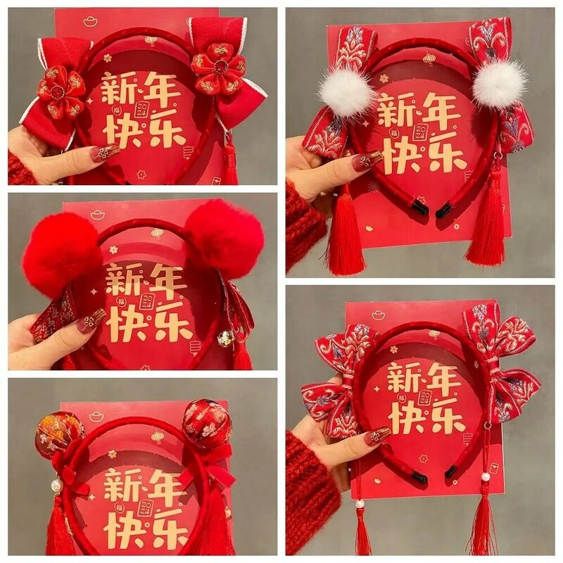Hoop cabelo estilo chinês para o ano novo menina, headwear arco vermelho, feltro cocar, borla hairball vermelho, headwear criança