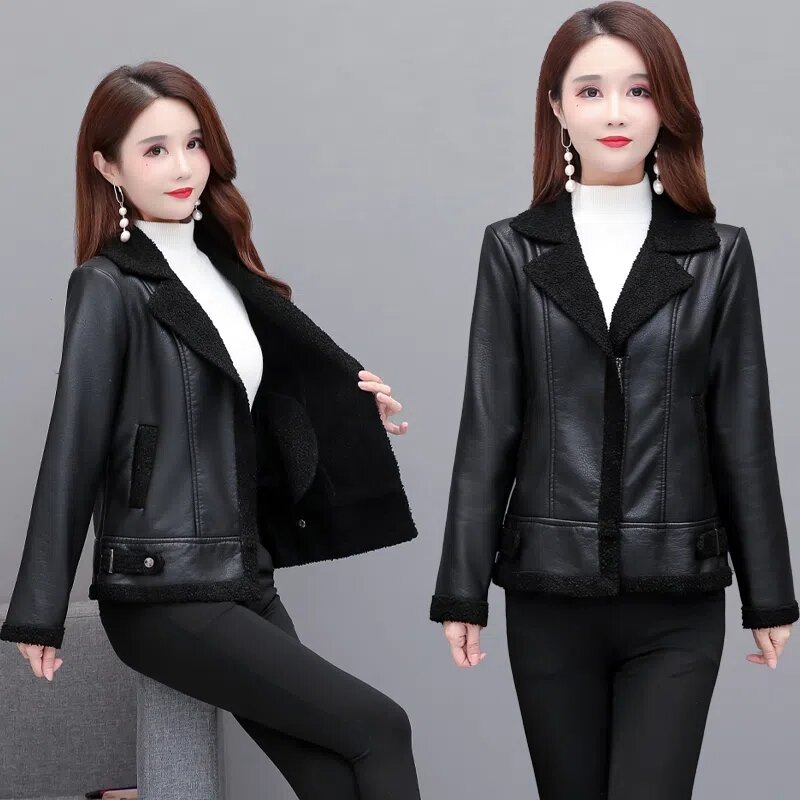 2022ฤดูใบไม้ร่วงฤดูหนาวฉบับภาษาเกาหลีผู้หญิงเสื้อหนังเพิ่มผม Warm หญิง Slim สั้น Outwear Biker สุภาพสตรีเสื้อหนัง