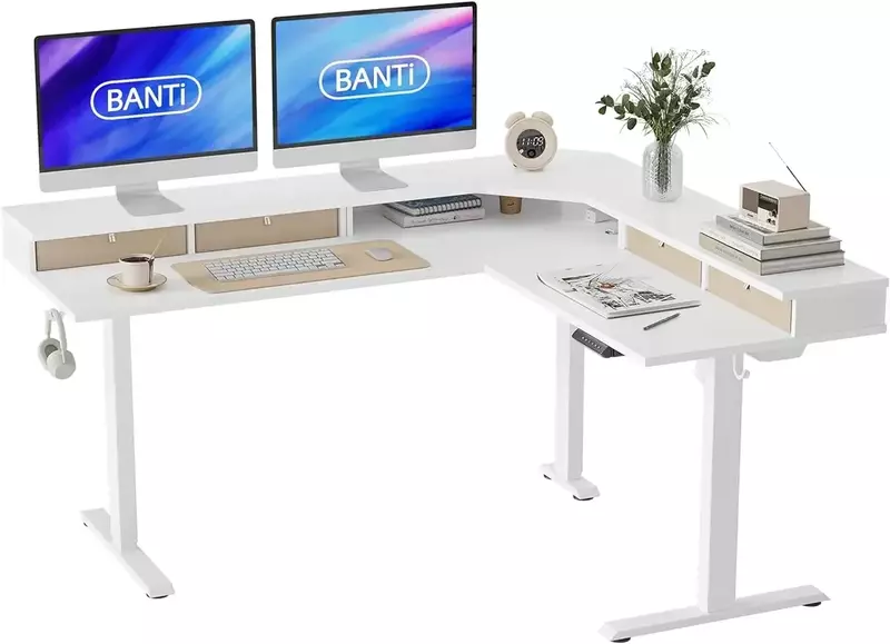 63" L-Shaped Electric Standing Desk,Height Adjustable Stand up Desk with 3 Drawer,Corner Stand up Desk, White Top