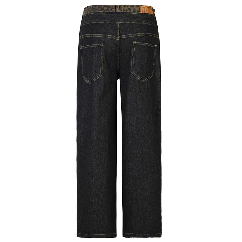 Jeans Hip Hop Leopardo masculino, calça jeans preta, calça reta solta, streetwear casual, moda unissex, Y2K