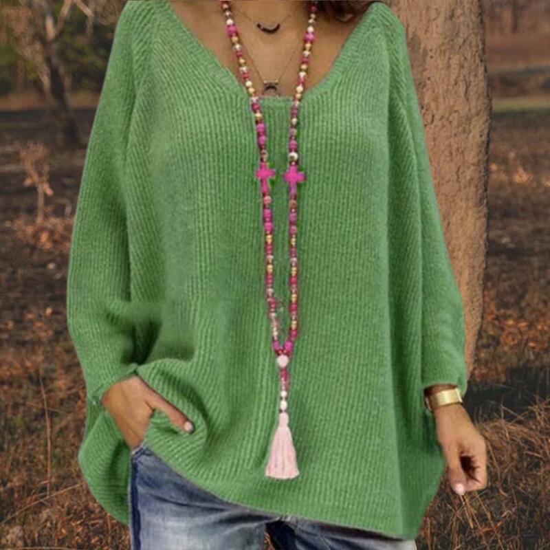 Suéter de punto de manga larga para mujer, Jersey suelto de Color sólido, elástico, para mantener el calor, informal, para primavera
