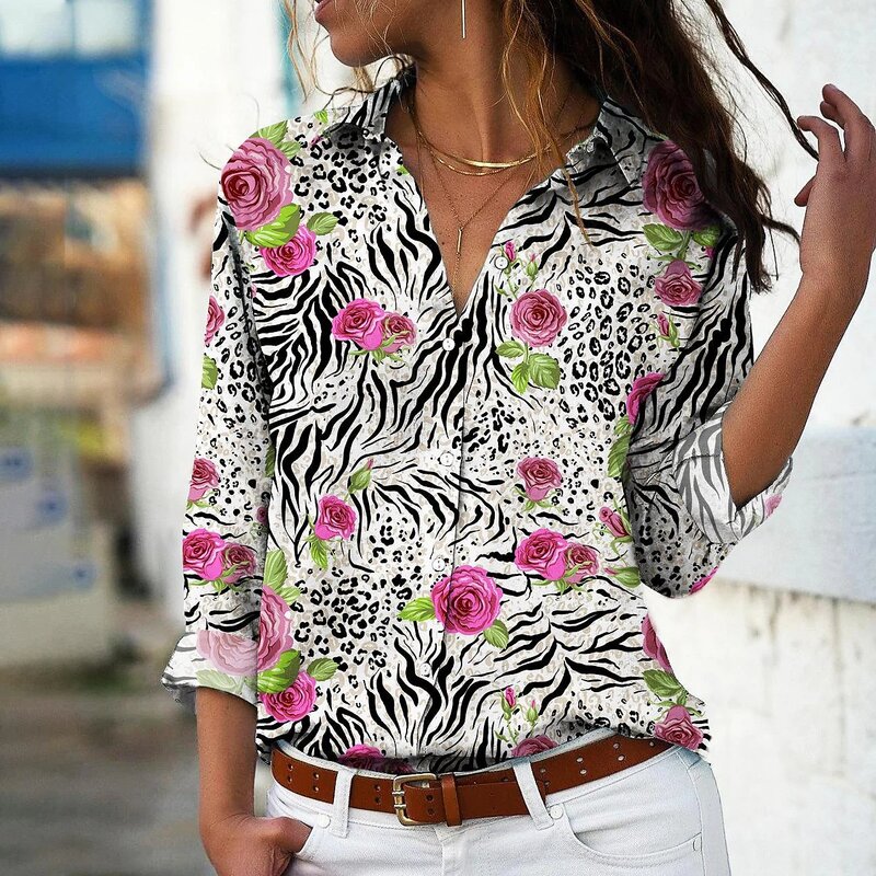 Camisa con estampado Floral para mujer, Blusa de manga larga con cuello en V, botones, Estilo Vintage, elegante, para todos los días, Primavera, XS-8XL, 2023