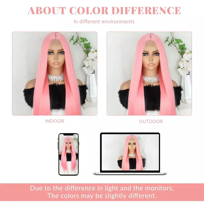 Peluca larga y recta de color rosa claro, peluca de cabello sintético de parte media, reemplazo de rayita Natural, uso diario, Cosplay