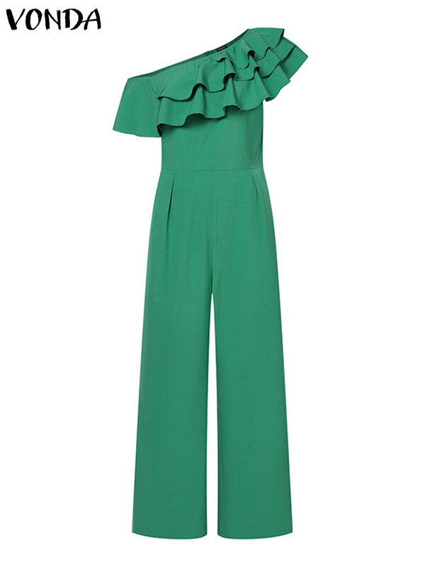 Plus Size 5xl Vonda Elegante Lange Jumpsuits Dames Kantoor Rompertjes 2024 Zomer Casual Effen Kleur Gegolfde Off-Shoulder Overalls