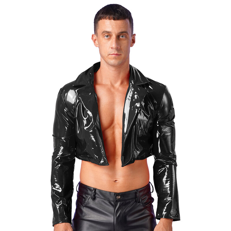 Jaqueta de couro de motocicleta masculina, casaco de lapela de manga comprida, olhar molhado, festa, música, festival, clubwear, roupas masculinas
