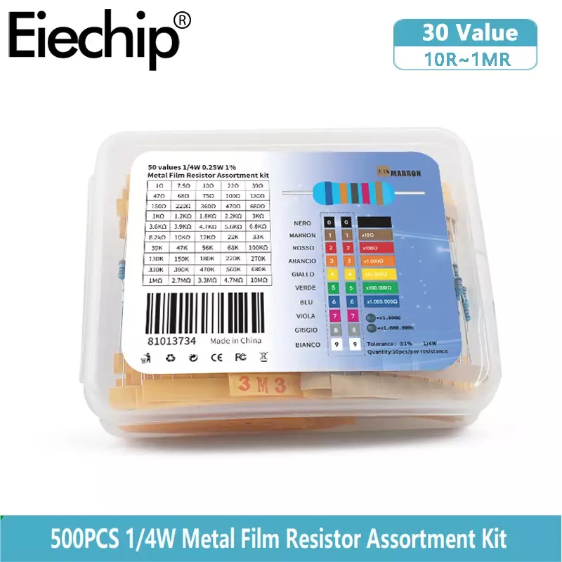 Metal Film Resistor Pack, DIY Resistores Eletrônicos sortido Kit, 50 Tipos, 1% Metal, 0.25W, 1Ohm-10M, 1 W, 4W, 500Pcs