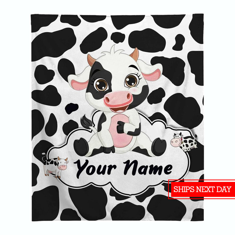Vaca personalizada impressa cobertor com nome, personalizado, preto e branco, sofá bonito, Natal e presente de aniversário