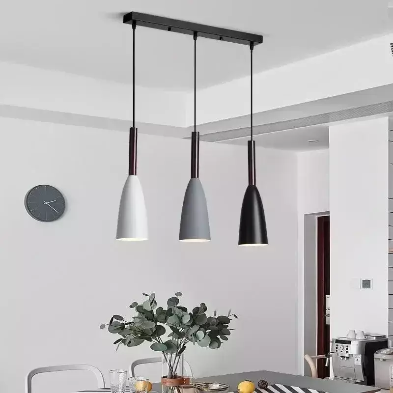 Lustre minimalista moderno nórdico, macaron preto branco e cinza, ferro de 3 cabeças, luz forjado, iluminação de restaurante