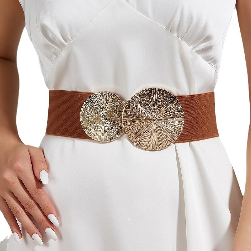 Banda de cintura ancha redonda doble para mujer, faja elástica ajustable, versátil, decorativa, accesorios decorativos de aleación, novedad de 2024