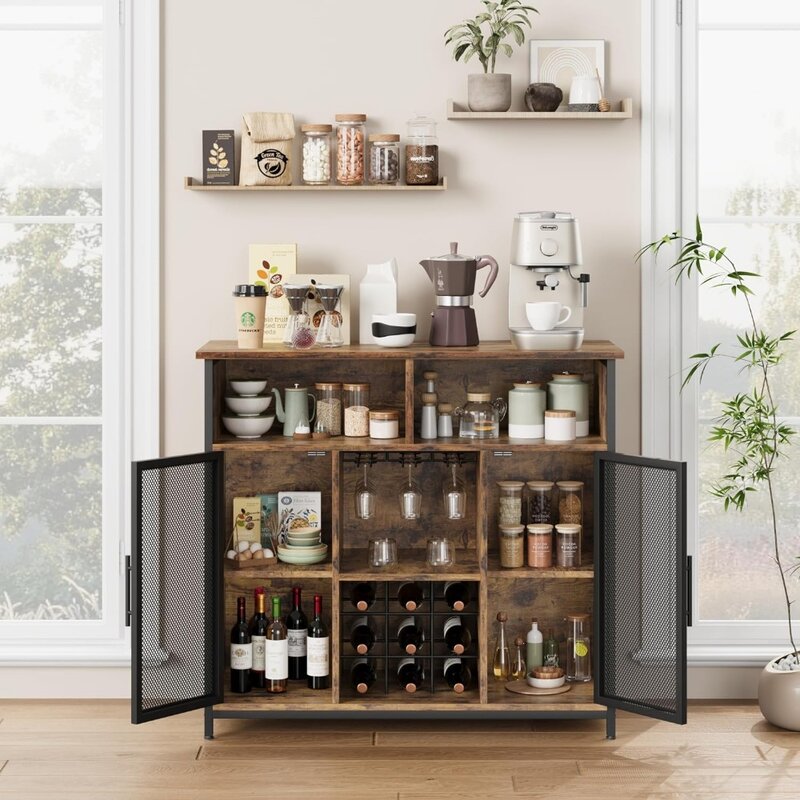 خزانة تخزين مع رف نبيذ وشماعات زجاجية ، مناسبة لخزانة البار الخشبية في المطبخ وغرفة المعيشة
