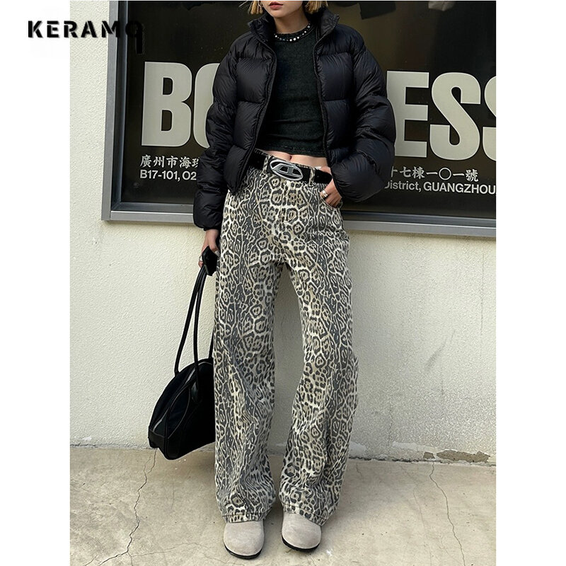 Calça jeans com estampa leopardo feminina, retrô americano, na moda, folgada, cintura alta, reto, hip-hop, casual, Y2K, 2024