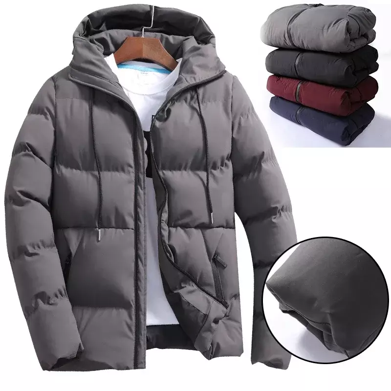 Зимняя Теплая мужская стеганая куртка с хлопковой подкладкой, Повседневная однотонная пушистая куртка на молнии с капюшоном, теплая верхняя одежда для катания на лыжах