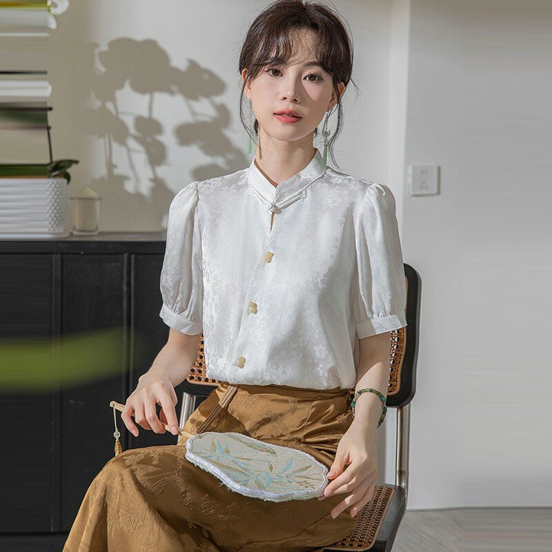 Рубашка женская с коротким рукавом, повседневная элегантная блуза в китайском стиле, с воротником-стойкой, в винтажном стиле, базовая одежда, W1760, лето 2024