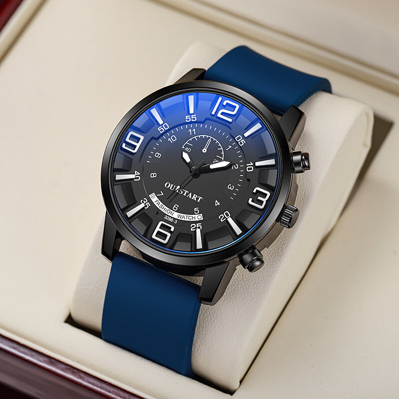 นาฬิกาควอตซ์ซิลิโคนสำหรับผู้ชายกระจกสีฟ้าดิจิทัลสามมิติใส่สบายทันสมัย