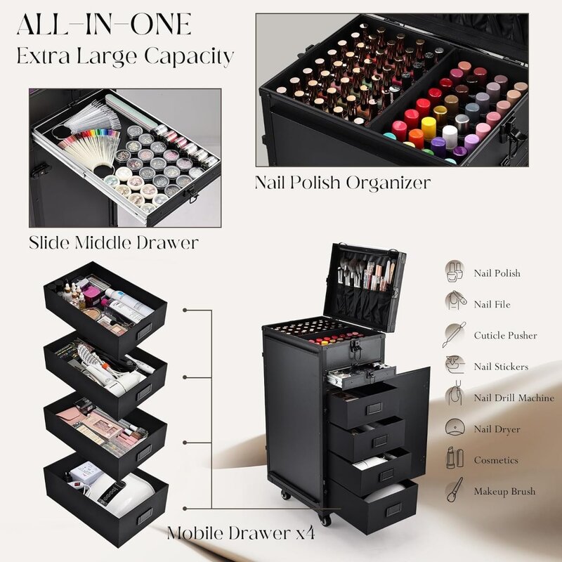 Jolegrace Rolling Manicure Table Makeup Case scrivania pieghevole per unghie 5 cassetti custodia per cosmetologia su ruote con custodia per pennelli