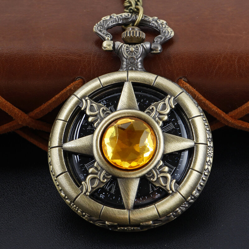 Exquisite Star Embossed Orange Gemstone Quartz Pocket Watch Vintage Pendant Necklace Bracelet Men's and Women's Clock Gift
