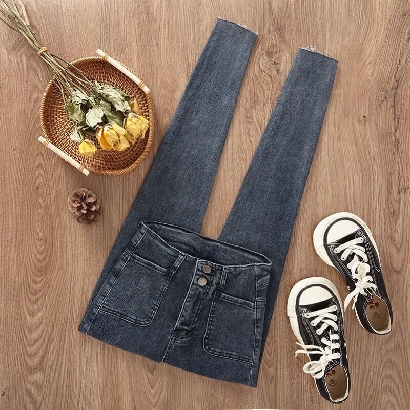Frühling Sommer dünne dünne Tasche Jeans für Frauen Vintage schlanke hohe Taille Bleistift Jeans hose Streetwear waschen weiche gerade Hose