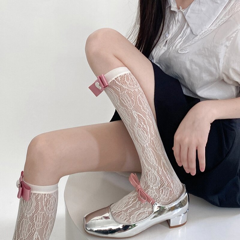 Женские цветочные кружевные чулки с милым бантом, дышащие прогулочные носки, аксессуары для одежды, носки в стиле "Лолита" с полым ворсом