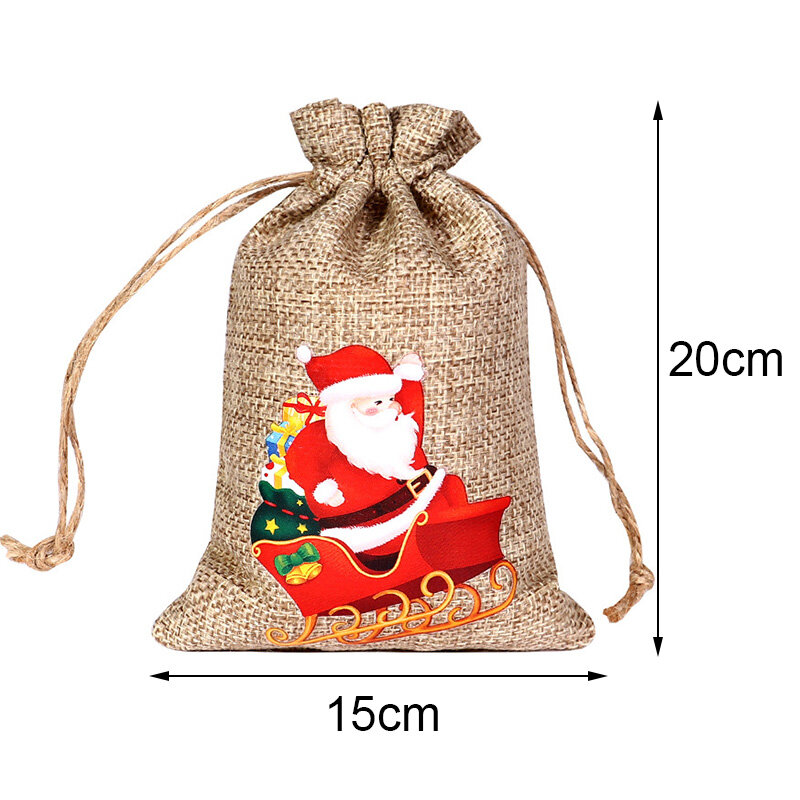 クリスマス巾着ギフトバッグ、かわいいサンタクラーカス、スノーフレークレック、コットンリネン収納バッグ、新年のパーティーキャンディーバッグ
