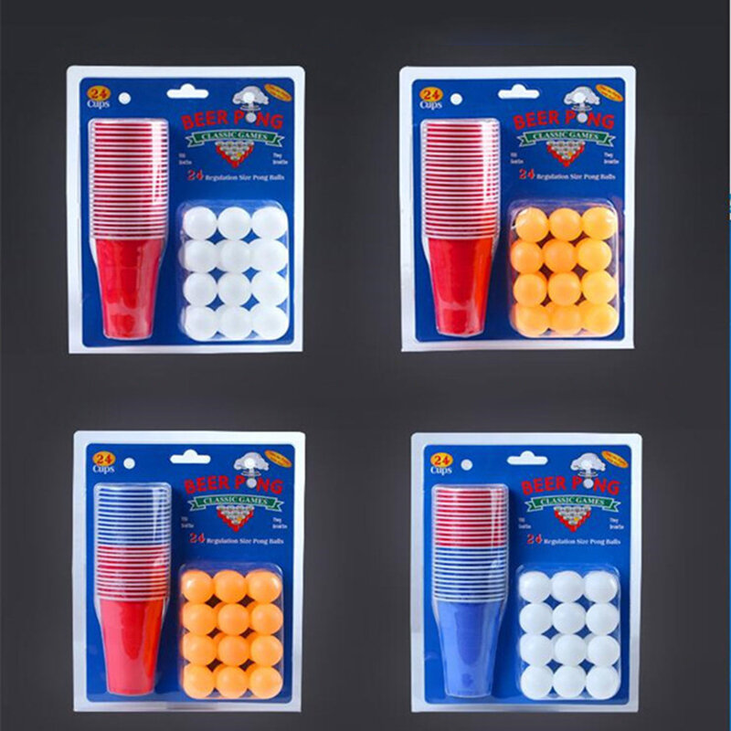 Copos de pong azul vermelho e conjunto de bolas, jogo de pong de cerveja conjunto com 24 copos de plástico, 24 bolas de pong, copo de festa de pong de cerveja conjunto para acampar