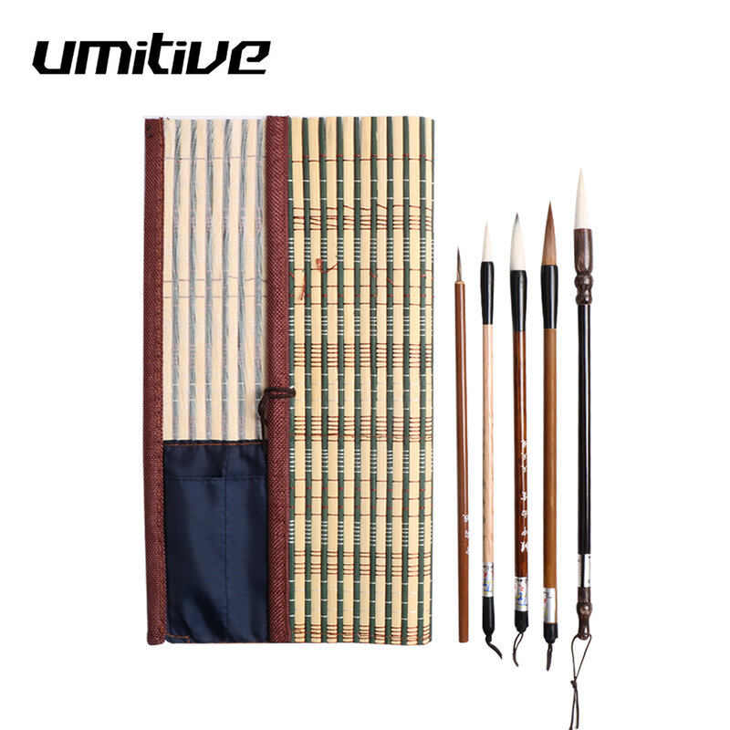 Umitive 5 Pcs/set Bambu Tradisional Cina Kaligrafi Set Kuas Menulis Seni Lukisan Persediaan