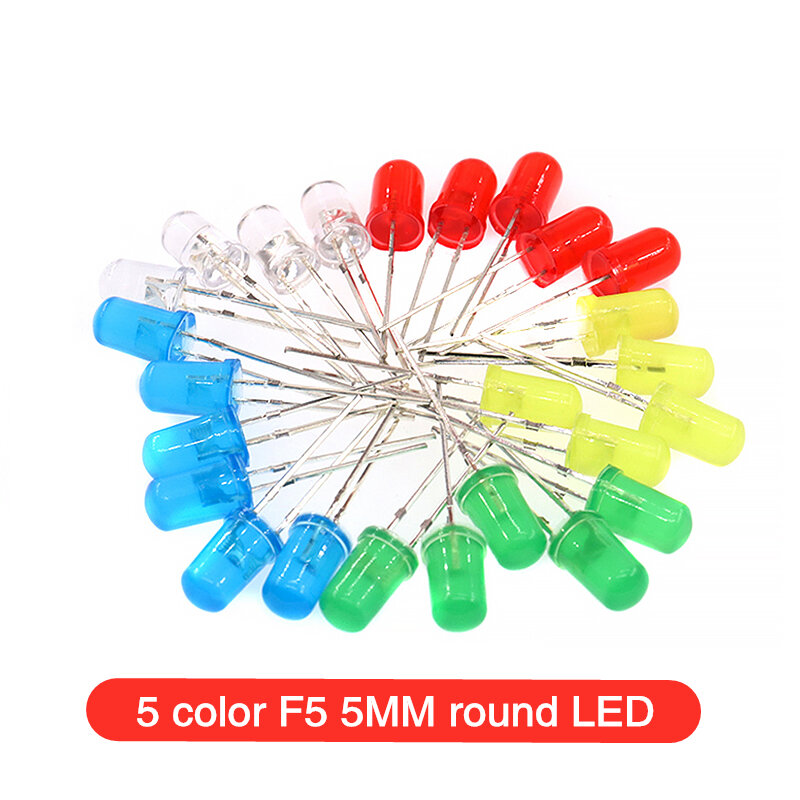 Kit surtido de diodos emisores de luz, 5 colores, F5, 5MM, LED redondo, Ultra brillante, difuminado, verde/amarillo/azul/Blanco/Rojo, 100 unids/pieza