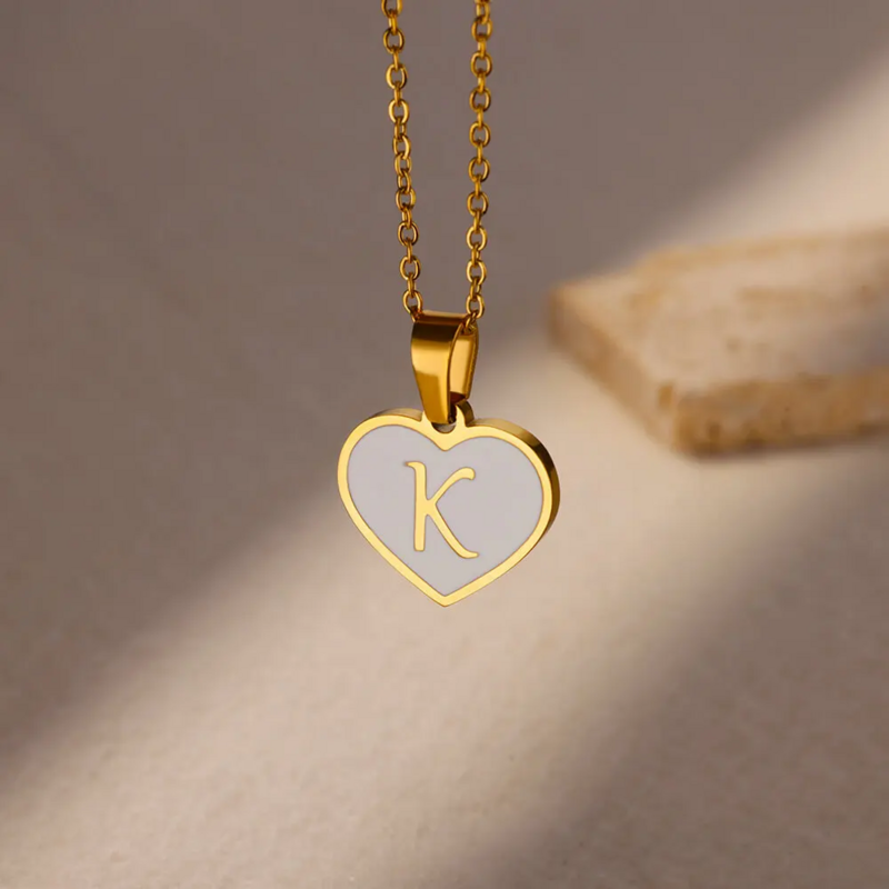 Stainless Steel Heart Initial Letter Necklaces For Women White Oil Drop Enamel A-Z Letter Pendant Necklace Birthday Jewelry BFF