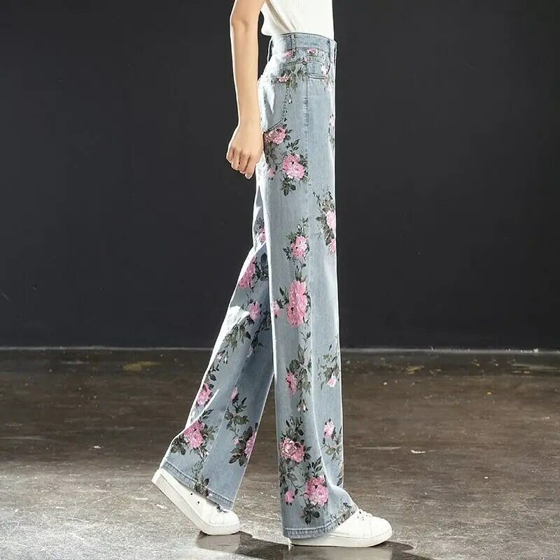 Sommer neue Mode vielseitige Jeans mit weitem Bein Frauen Gemälde Blumen druck Knopf Reiß verschluss Tasche lässig dünne lose gerade Hosen