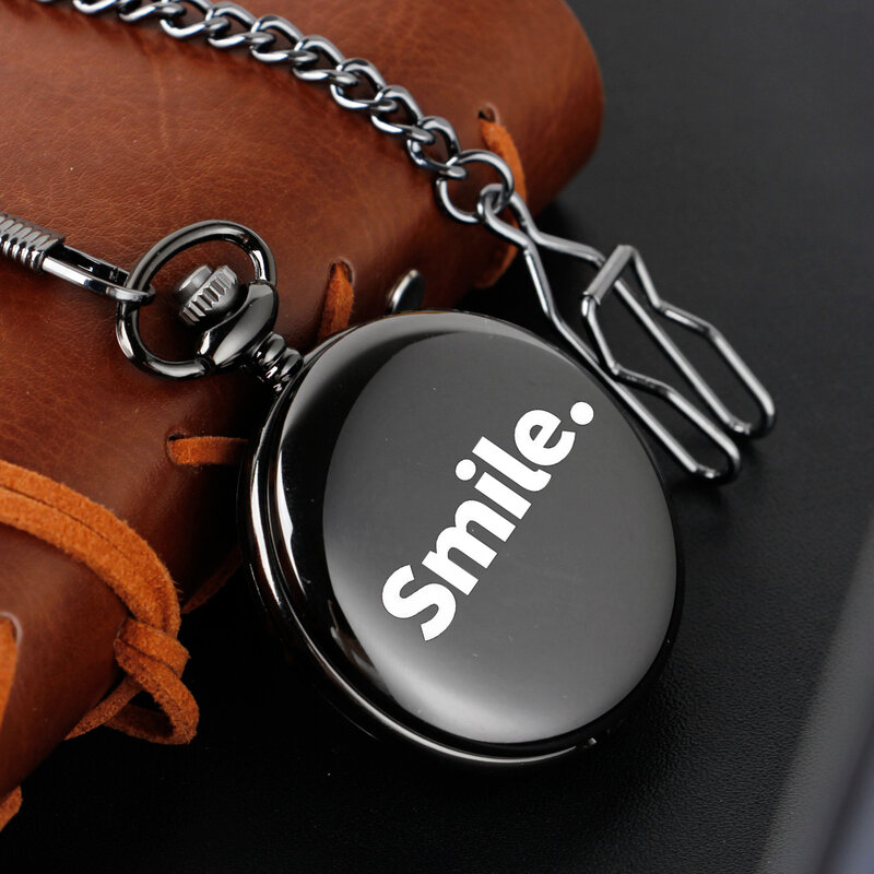 Smile.-Simple carving english alphabet face pocket watch a belt chain Black quartz watch watch for boys and girls