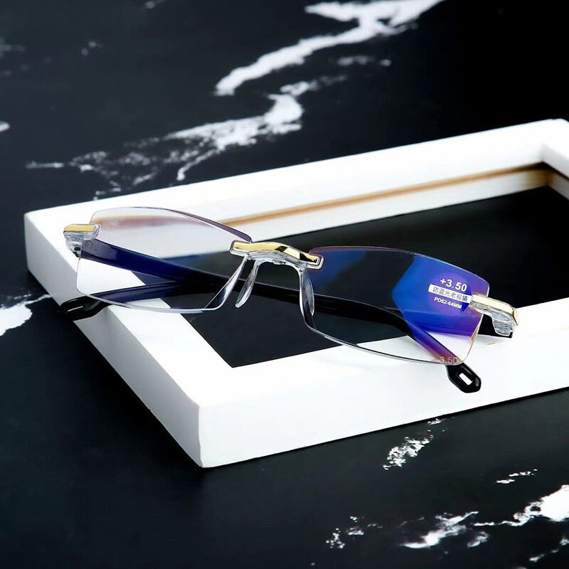 ใหม่ Anti Blue Ray แว่นตาอ่านชายหญิง Rimless ตัดแว่นตา Presbyopia สำหรับสุภาพสตรี Blue แว่นตา