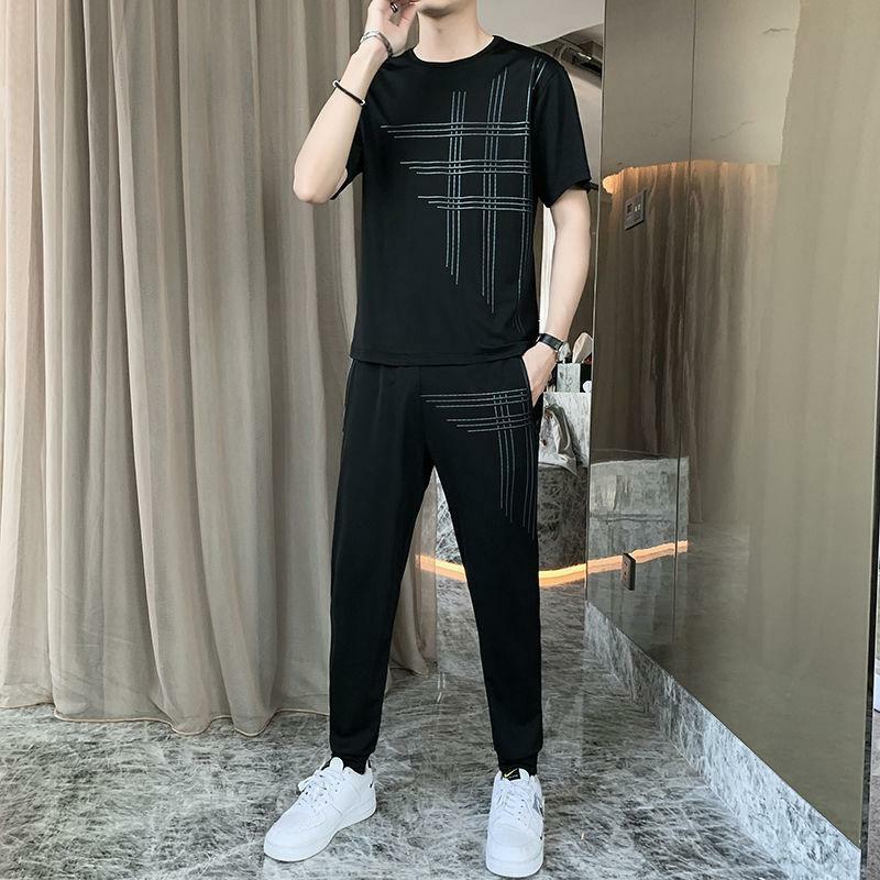 Summer Men's 2024 New Ice Silk Breathable Tracksuits Casual Youth Fashion Loose T-shirt And Pants Two Piece Set Men Outfit