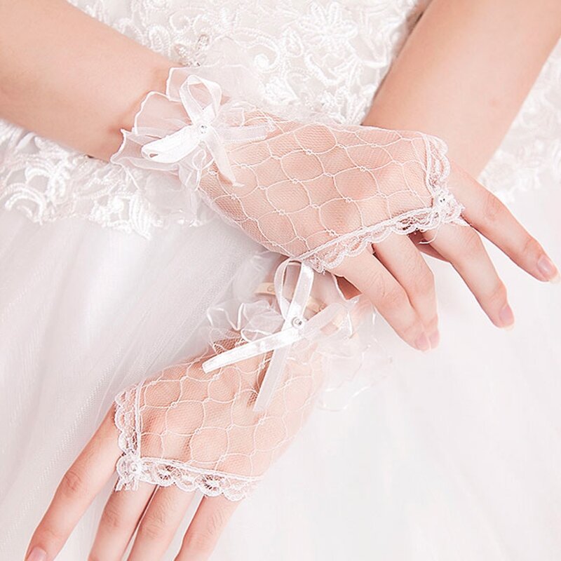 X7YC 레이스 핑거리스 장갑 여성용, 짧은 예의 여름 손목 길이, 흰색 격자 무늬 크리스탈 나비 매듭 장갑, 결혼식 파티