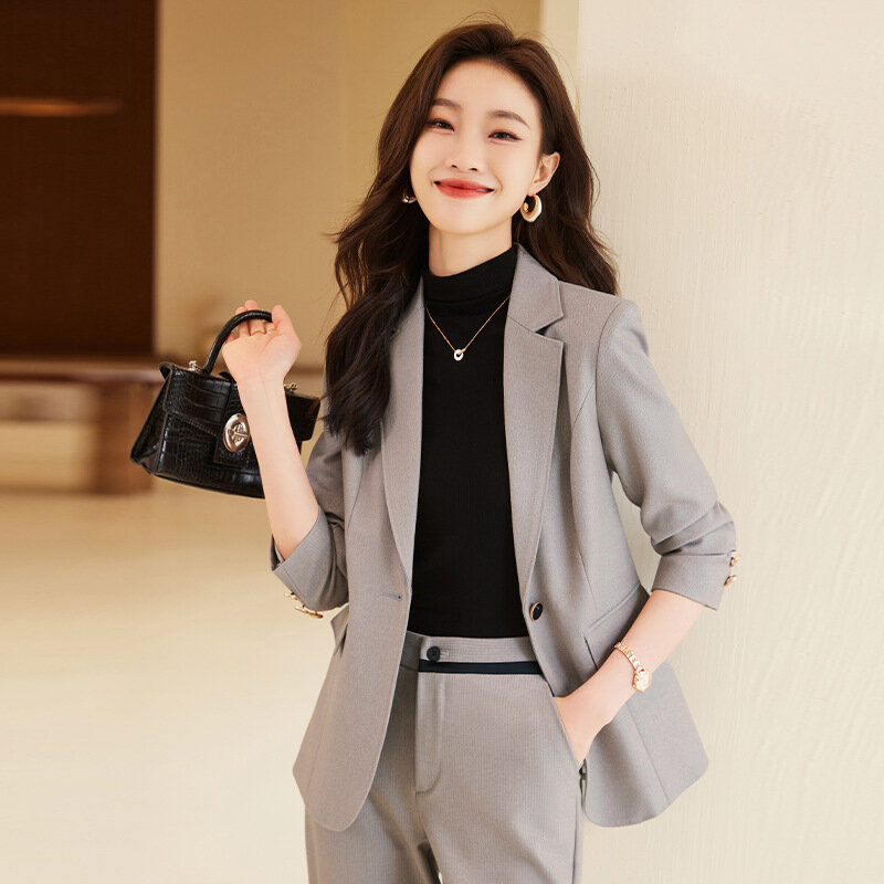 Chaqueta de negocios gris de manga larga para mujer, ropa Formal elegante para entrevista, ropa de trabajo Ol, traje de viaje Sui, primavera y otoño