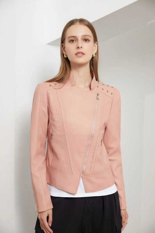 여성용 긴팔 비즈 가죽 재킷, 라펠 오토바이 재킷, 얇은 패션, 유럽 사이즈, 2024 가을