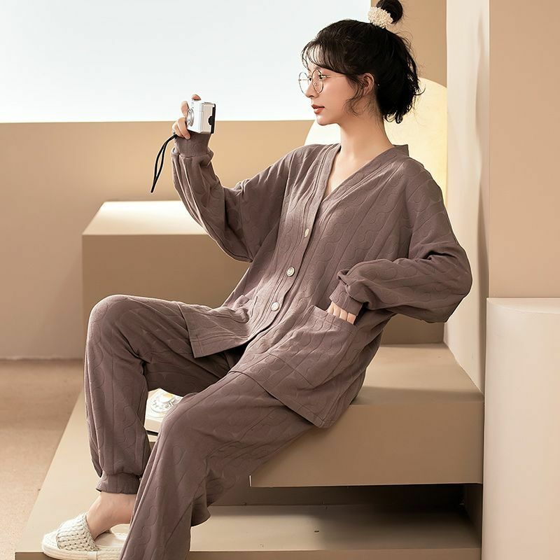 Suo & chao impressão dos desenhos animados com decote em v pijamas conjuntos para as mulheres manga longa topos annnd calças compridas camisola de casa