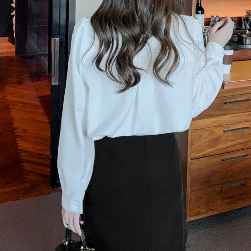 2024 중국 스타일 우아한 루즈핏 캐주얼 레트로 여성 셔츠, 단색 브이넥 긴팔 쉬폰 시크한 상의, 여름 신상 패션