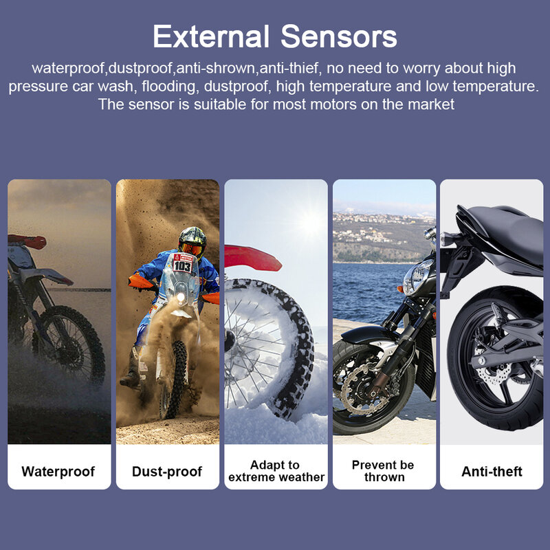 Tire Pressure Monitoring System com Relógio, TPMS, 2 Sensores, Universal Motorcycle Tire Tester, Alarme, Moto Acessórios, 0-6Bar