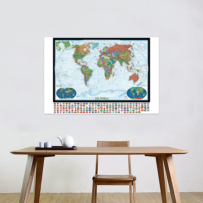 Mapa físico del mundo con cubierta de tierra y formas de tierra, mapa no tejido con Bandera de País para educación, 150x100cm