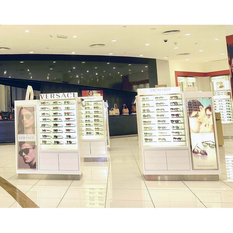 Vitrina de gafas de sol de vidrio de madera personalizada, Mostrador de exhibición de gafas de doble cara, quiosco para Centro Comercial