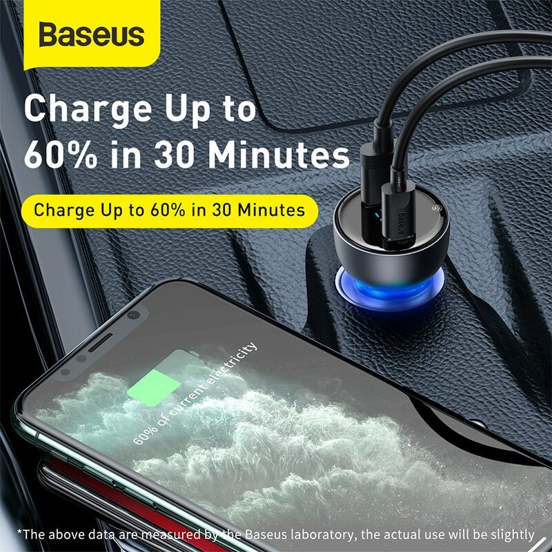 Baseus 65W PPS Car Charger USB Type C Dual Port PD QC Fast Charging For Laptop Translucent Car Phone Charger For iPhone