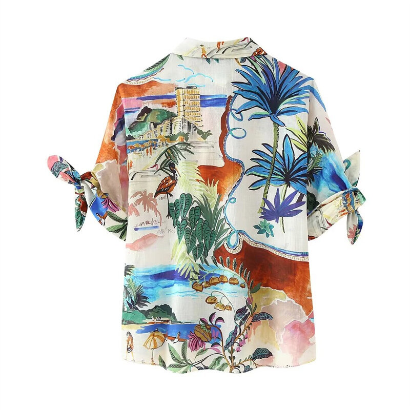 KEYANKETIAN 2024 New Launch Women Holiday wind Printed Shirt Summer Cuff Knotted Decoration Single Breasted Blouses Vintage Top