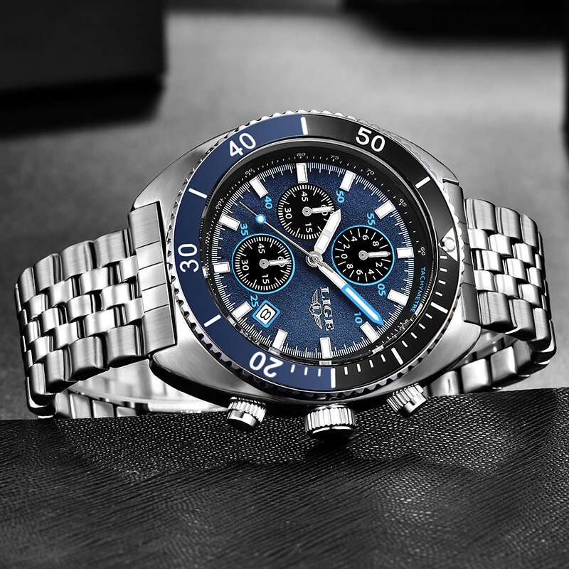 2023 nowość LIGE moda męskie zegarki ze stali nierdzewnej luksusowa marka sportowa chronograf kwarcowy z zegarkiem dla mężczyzn Relogio Masculino