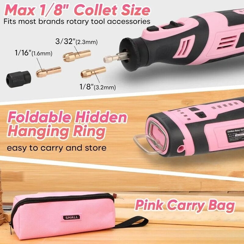 8V Cordless Rotary Tool Kit, Pink Lightweight 2.5 Ah Battery Rechargeable Rotary Tool w/ 121 Accessories