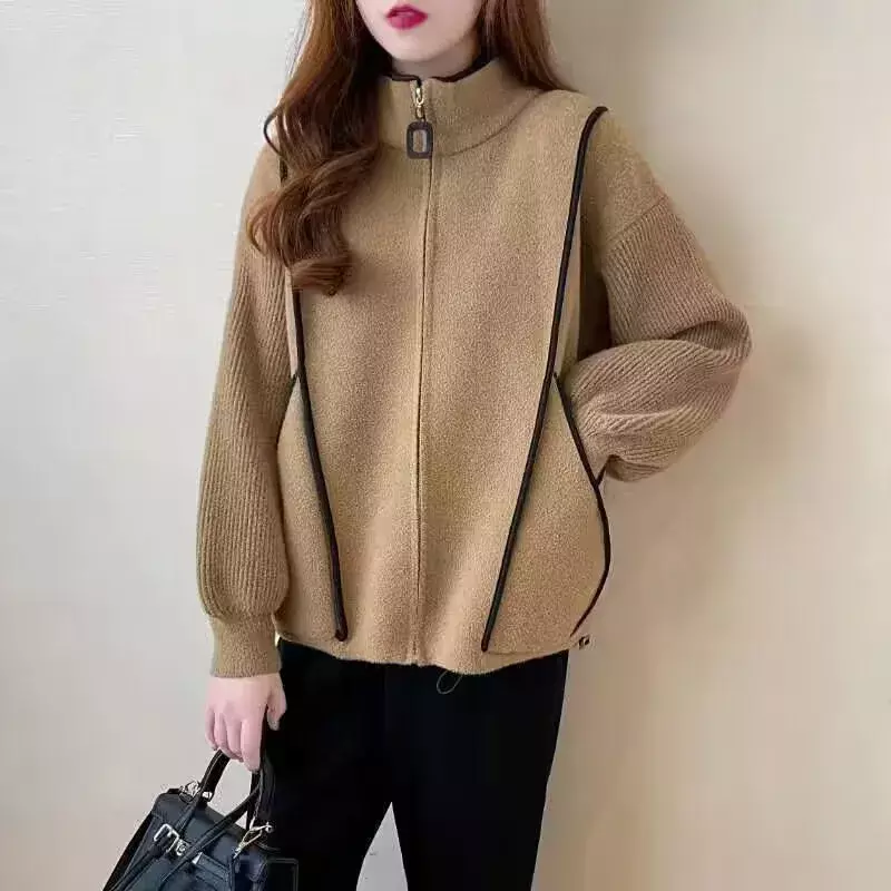 Panelled Contrast Color Knitted Cardigan Stand Collar Zip Up Long Sleeve Sweater Coat 2024 Autumn Winter Warm Knitwear Jumper