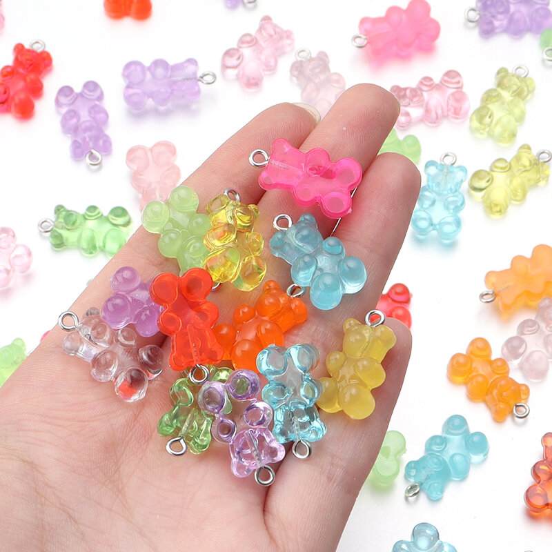 Acrílico Candy Color Bear Pendant para Fazer Jóias, Brinco Bonito, Colar, Chaveiros Acessórios, Moda DIY, 12x22mm, 10Pcs por lote