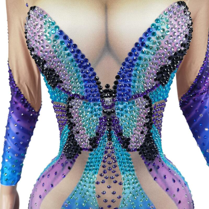 Colorful Rhinestone Butterfly Bodycon Jumpsuits Long Sleeves Women Dance Bodysuits Showgirl Stage Costumes Party Romper Hudie