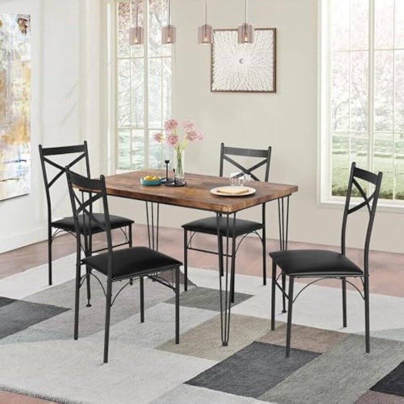 VECELO 5-Piece meja makan, Set furnitur Bar untuk rumah dapur sarapan, Nook dengan 4 kursi hitam untuk 4 Retro Brown USA