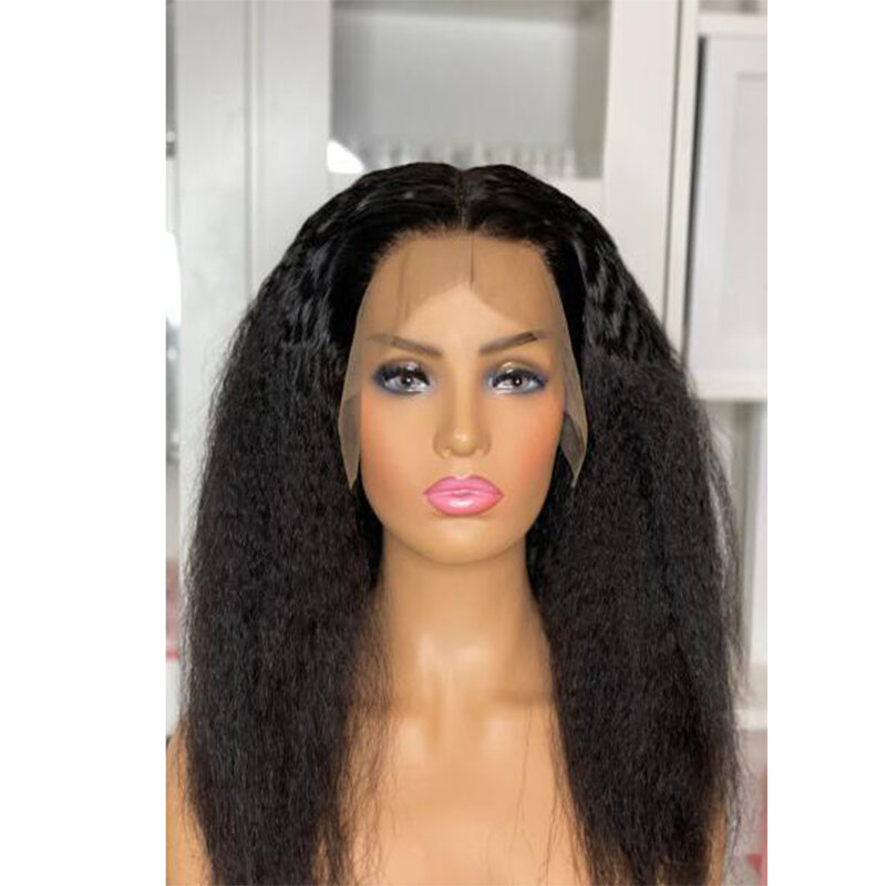 Long Black Kinky Straight Lace Front Wig para mulheres negras, cabelo do bebê, sem cola, pré-arrancadas, resistente ao calor, Yaki Soft, 26"