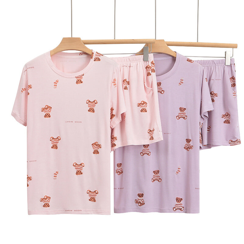Summer Women's Pajamas Suit Modal Crewneck Short Sleeve Top Pants Two-Piece Set Bear Cartoon Print Loose Casual Home Clothes